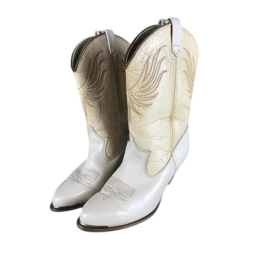 Vtg Dingo Cream Leather Western Cowboy Boot Womens 6.5 Ivory Metal Toe Eagle 80s